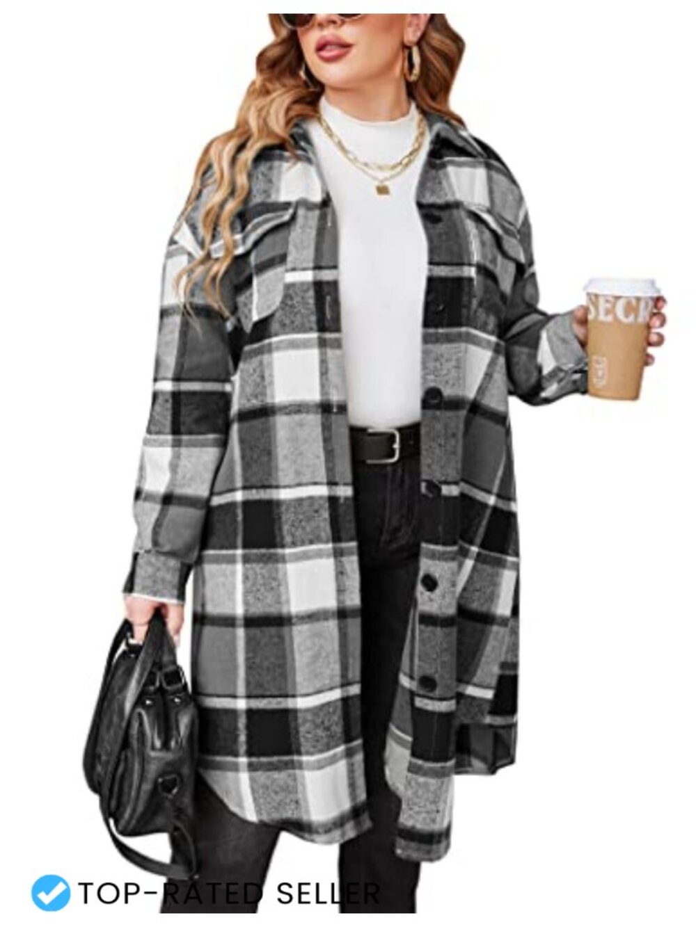 Plus Size Flannel Plaid Button Down Shacket Long Sleeve Lightweight Cotton Blend